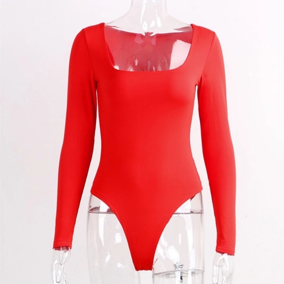 New Red Long Sleeves Cozy Square Neck Bodysuit - Picture 2 of 8